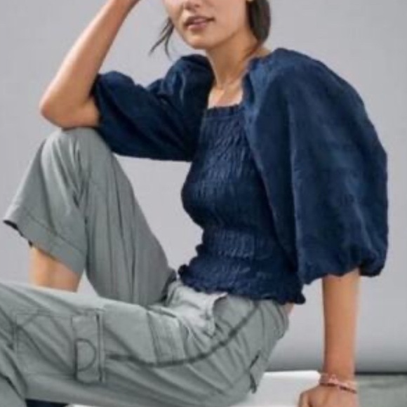 Anthropology Maeve Navy Puff Sleeve Smocked Top - Picture 8 of 8